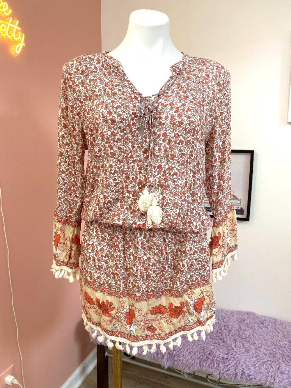 Cool Change Orange Floral Tassel Dress - Size Medium